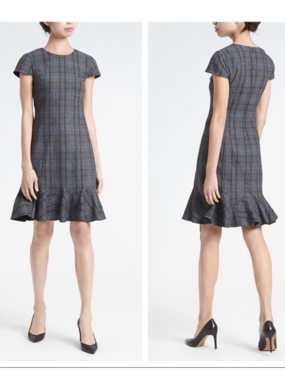Banana Republic Wool Blend Godet Flounce Dress in Grey Plaid, Women's 6